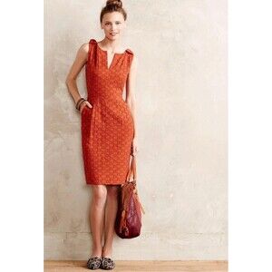 Anthropologie Tabitha Size 12 Tema Basketweave Fit & Flare Dress Bows Orange